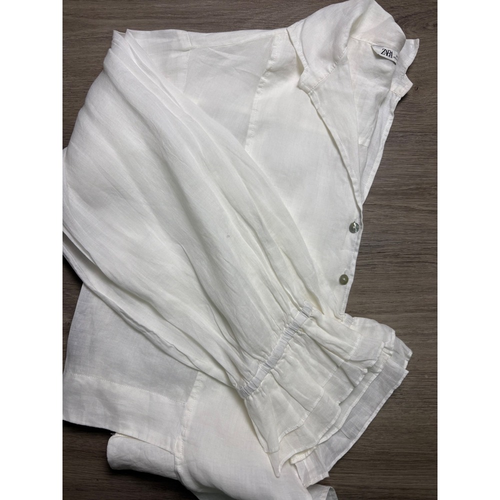 Zara White Ramie Tie Front Crop Blouse Ruffle Cuff Long Sleeve L Boho Feminine - Picture 13 of 13